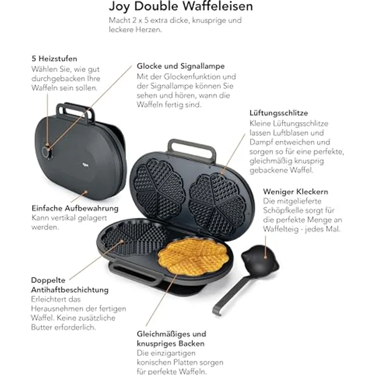 Wilfa JOY Double Waffeleisen I 1.500 Watt I 2x20cm große Herzwaffeln I 5 Temperaturmodi I Mit Alarm-Glocke I Inkl. Teig-Löffel (schwarz) – Bild 2