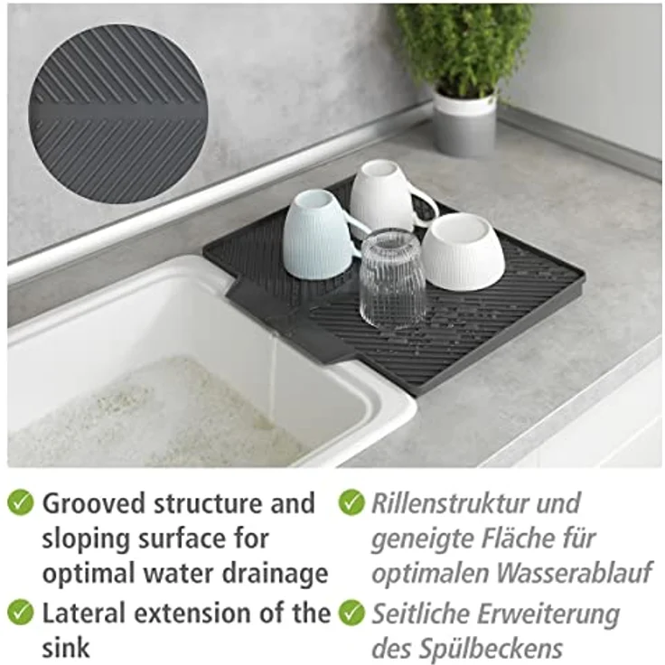 WENKO Abtropfmatte Nelia, Gummimatte mit Rillenstruktur und geneigter Fläche für optimalen Wasserablauf, seitliche Erweiterung des Spülbeckens, aus hochwertigem Kunststoff, 34 x 3 x 40 cm, Grau – Bild 2