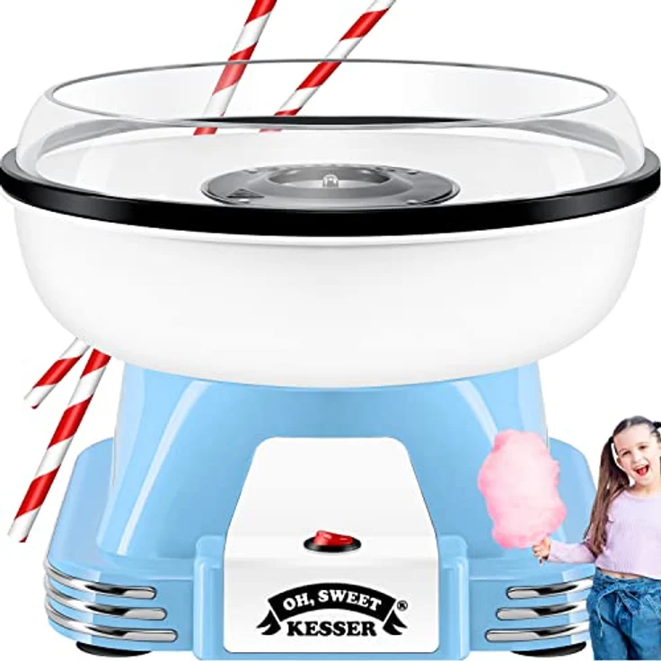KESSER® Zuckerwattemaschine Set für Dein zuhause - Mit 30x Zuckerwatte Stäbchen & Messlöffel - Retro Cotton Candy Maschine - Zuckerwatte Maschine Mit Zubehör - Höhe 22 cm - 500 W Blau Weiß – Bild 1