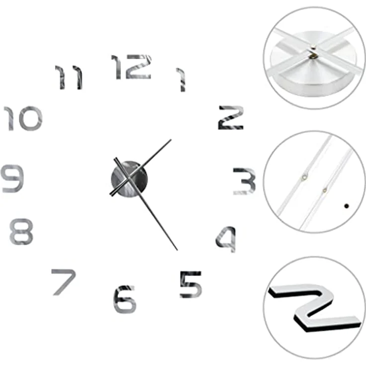 vidaXL 3D Wanduhr Modernes Design 100cm XXL Silbern Wand Uhr Wandtattoo Deko – Bild 3