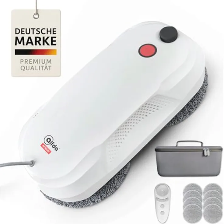 alfda Fensterputzroboter AFR230, 60ml Wassertank mit Sprühfunktion, automatische Saugkraftregulierung, 3200 Pa Saugleistung, inklusive Fernbedienung und Sicherheitsseil