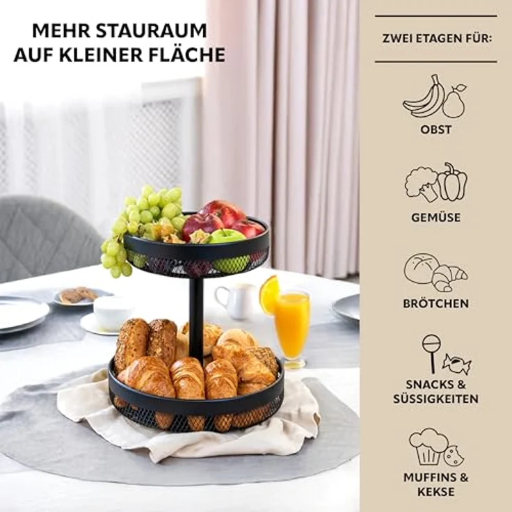 eluno 2-stöckige runde Obstetagere aus schwarzem Metall, vielseitig einsetzbar zur übersichtlichen Lagerung von Obst, Gemüse, Brot und Snacks, Ø 30 cm oben, 31,5 cm hoch – Bild 4