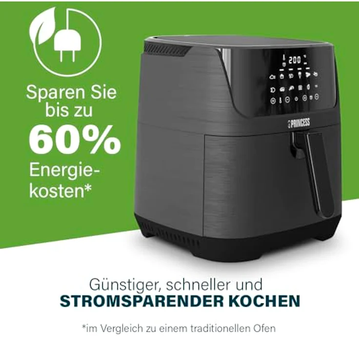 Princess Digitale Heißluftfritteuse – 6,5 L mit herausnehmbarer Trennwand – 60 Prozent weniger Energieverbrauch – Digitaler Touchscreen – 12 Programme – Ohne Öl – Schwarz – Bild 4