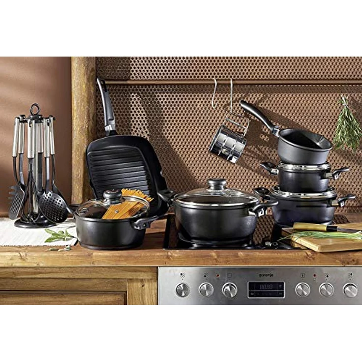 Krüger Aluguss-Set 17-teilig - antihaft-versiegeltes Topf- und Pfannenset mit Küchenhelfer - hohe Hitzebeständigkeit und langanhaltende Wärmespeicherung (Schwarz) – Bild 2