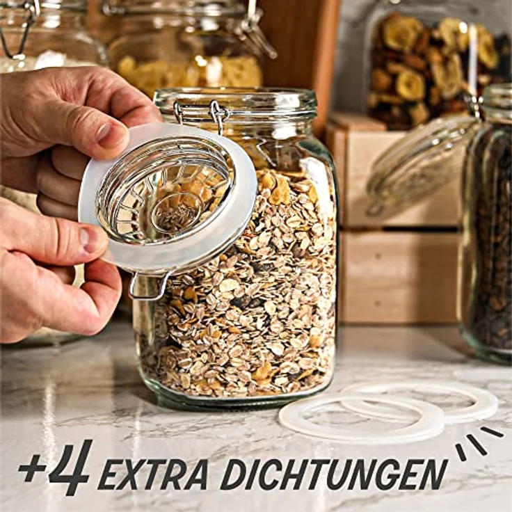 Niboline 4 Einmachgläser mit Bügelverschluss 1,5l - Luftdicht & langlebig - Mit Etiketten, Stift und extra Silikondichtungen - Spülmaschinenfest – Bild 7