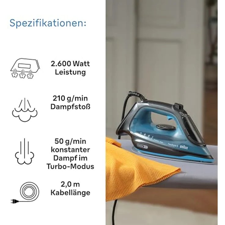 Braun Household TexStyle 5 SI5256 BL Dampfbügeleisen mit FreeGlide 3D Bügelsohle, Präzisionsspitze, Vertikaldampf, Anti-Tropf-System, 210 g/min Dampfstoß, 300ml Wassertank, 2600W, Schwarz/Blau – Bild 4