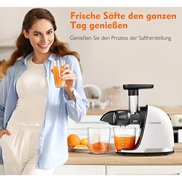 AMZCHEF Entsafter Gemüse und Obst Testsieger - Slow Juicer mit Rückwärts-Kau-Funktion - Zerkleinern ohne Filtern - Elektrische Saftpresse mit Bürste und 2 Tassen - Rein-weiß – Bild 2