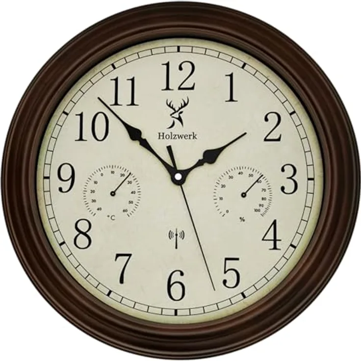 Holzwerk Germany HORNBERG Vintage Retro Funkwanduhr, Holz mit Temperaturanzeige & Hygrometer, nahezu lautlos, 14 Zoll (35 cm), Braun