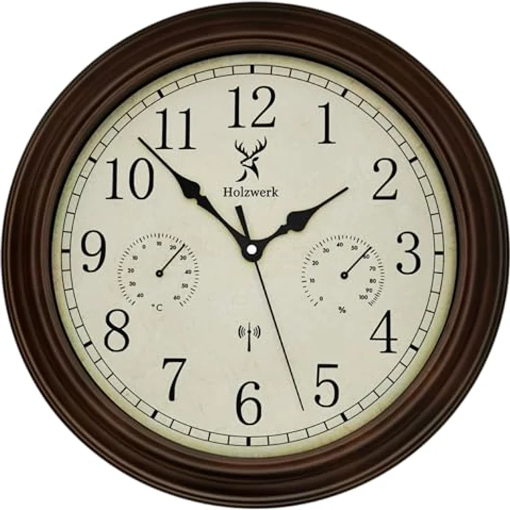 Holzwerk Germany HORNBERG Vintage Retro Funkwanduhr, Holz mit Temperaturanzeige & Hygrometer, nahezu lautlos, 14 Zoll (35 cm), Braun – Bild 1