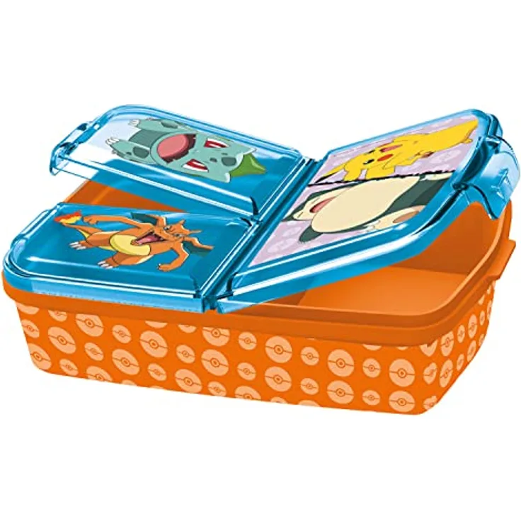 Pokémon Brotdose für Kinder mit 3 Fächern, Lunchbox aus Kunststoff mit Clip-Verschlüssen, Vesperdose für Kindergarten, Schule und Freizeit