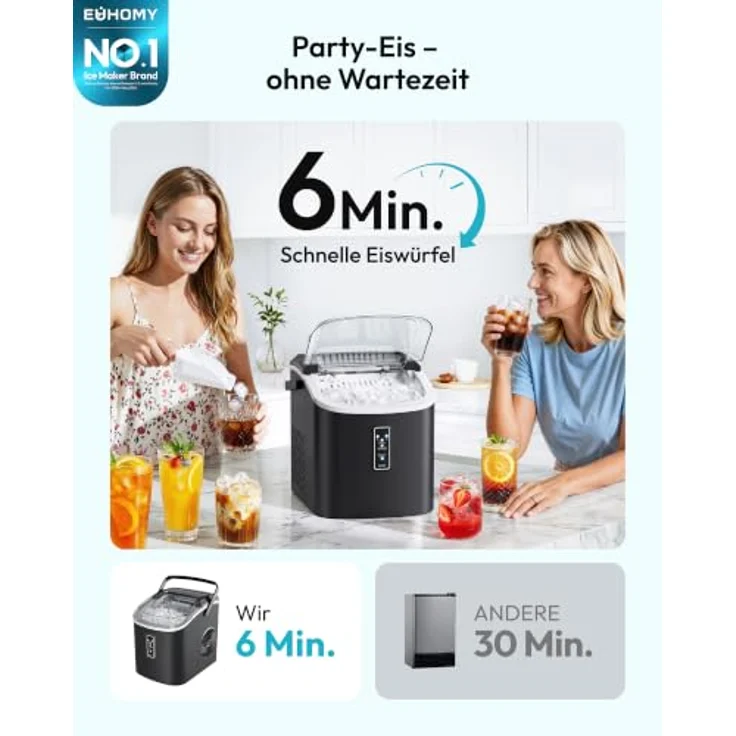 EUHOMY Eiswürfelmaschine Edelstahl, silber, 9 Eiswürfel in 6 Minuten, selbstreinigend, 1,2 Liter Tank – Bild 2
