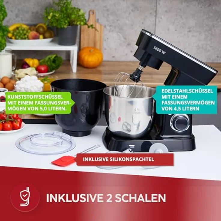 MPM Planetarische Küchenmaschine MRK-25, multifunktional mit 4,5 l Edelstahlschüssel, 1400 W, 2 Schüsseln, 3 austauschbare Rührbesen, spülmaschinenfest – Bild 3