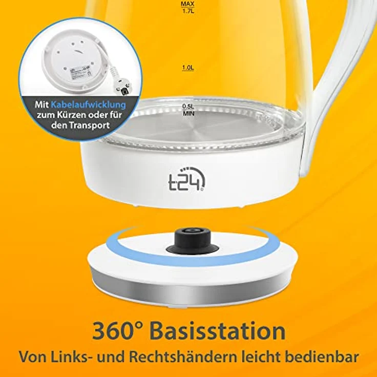 T24 Borosilikatglas Wasserkocher mit LED, 2200 Watt, 1,7 Liter, Trockenkoch- und Überhitzungsschutz, mit Filter, weiß – Bild 7