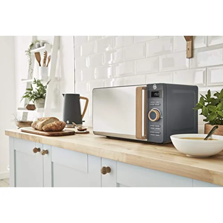 Swan Nordic Frühstücksset, Wasserkocher, 1,7 l, 2200 W, Breitschlitz-Toaster, 2 Scheiben, digitale Mikrowelle 20 l, modernes Design, Holzoptik, grau – Bild 11