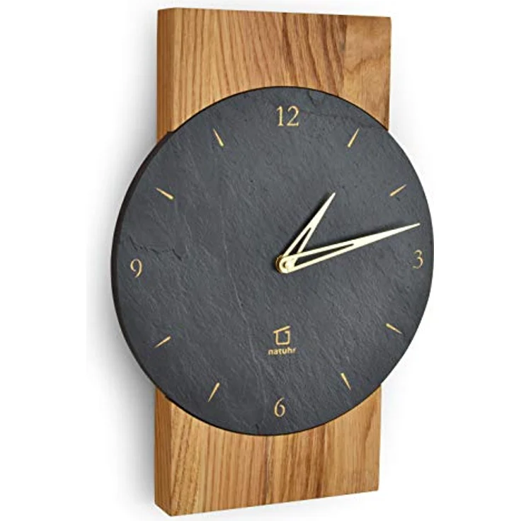 Natuhr Schiefer Wanduhr Steineiche, geräuscharm aus Eichenholz mit dunklem Schiefer und Quarz-Uhrwerk, Made in Germany – Bild 2