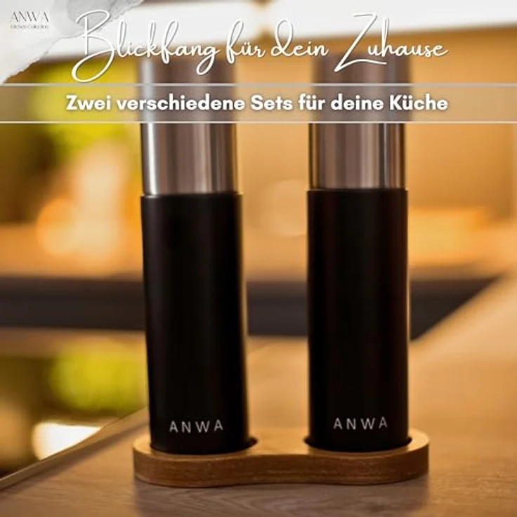 ANWA Salz-/Pfeffermühle Set, Gewürzmühlen aus Akazienholz mit Keramik Mahlwerk, manuell, 20,5 cm, FSC-zertifiziert, inklusive Untersetzer und Löffel, modern schwarz – Bild 4