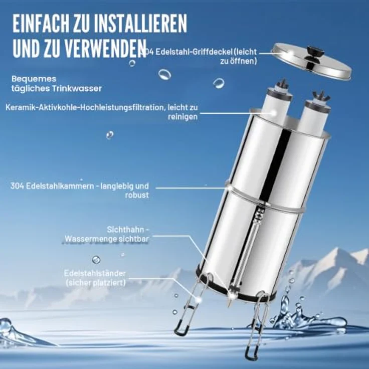VEVOR Schwerkraft Wasserfiltersystem Edelstahl, 7,8+8,5L Wasserfiltrationssystem mit 2 Keramik-Kohlefiltern, reduziert Blei und bis zu 99 % Chlor – Bild 6