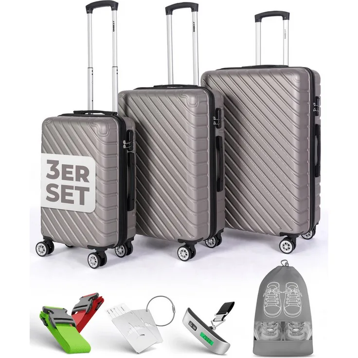 Onbest Kofferset 3er Hartschalen Trolley Set PREMIUM Champagner, 20"/24"/28", wasserabweisend, 4 Rollen, inklusive Zubehör