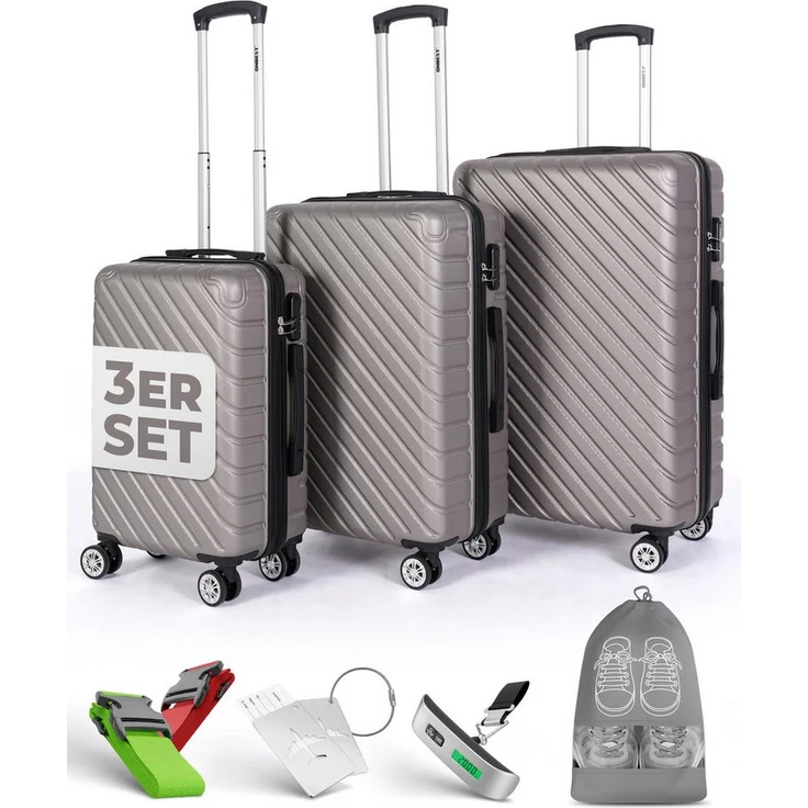 Onbest Kofferset 3er Hartschalen Trolley Set PREMIUM Champagner, 20"/24"/28", wasserabweisend, 4 Rollen, inklusive Zubehör