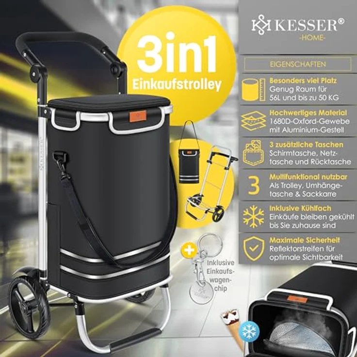 KESSER® Einkaufstrolley klappbar mit 56L Kapazität und belastbar bis 50kg | 3in1 Trolley Sackkarre & Umhängetasche | Faltbarer Einkaufswagen inkl. Kühlfach & Einkaufschip | Treppensteiger Schwarz – Bild 2