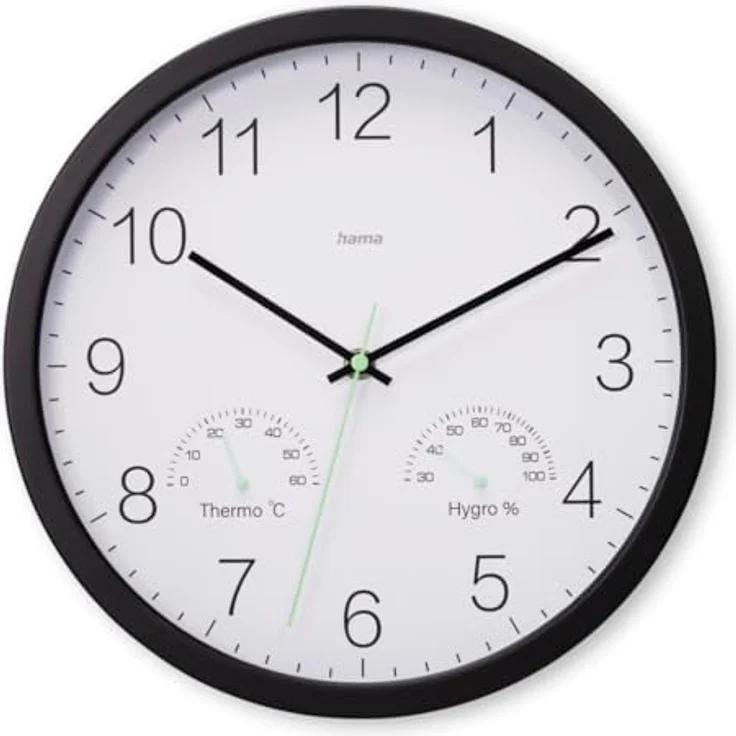 Hama Wanduhr "Santorini", geräuscharm, Ø 30cm, Schwarz, mit Thermo- und Hygrometer – Bild 2