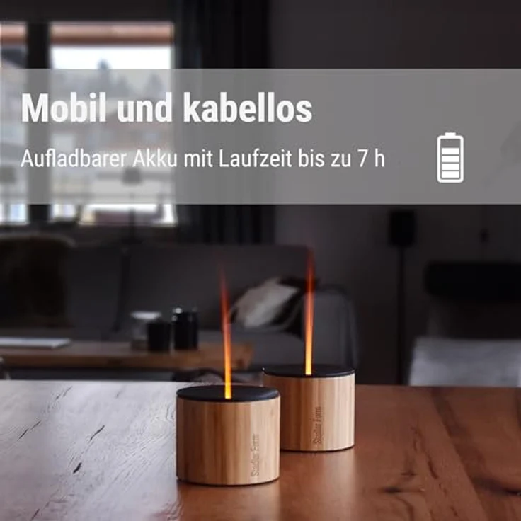 Stadler Form Aroma Diffuser Nora mit Bambus-Gehäuse und Aluminiumdeckel für drinnen und draussen, verströmt ätherische Öle und bezaubert mit Flammen-Effekt kabellos bis 7 h – Bild 2