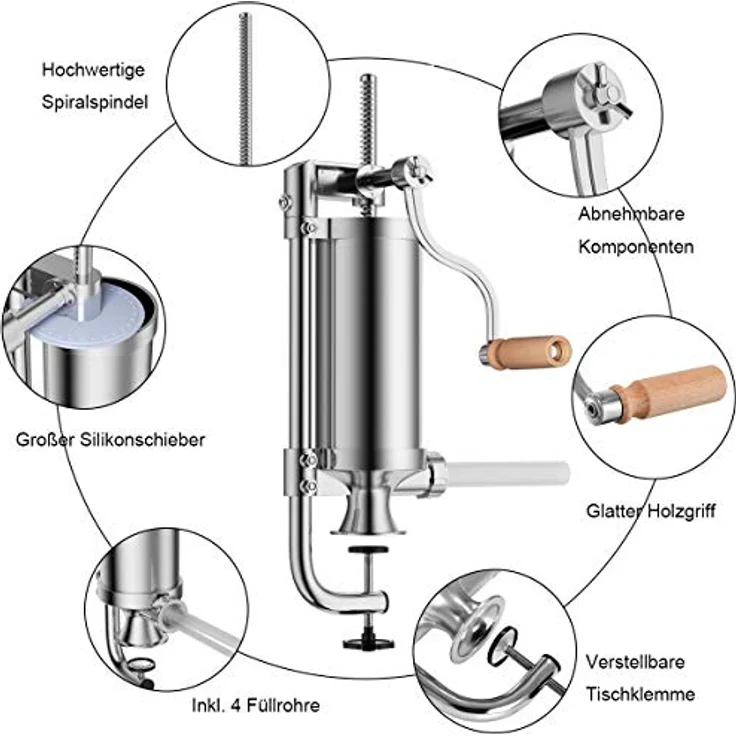COSTWAY Wurstfüllaufsatz Wurstfüller, 1,5L, 4 Füllrohre (15/Ø19/Ø22/Ø25mm), Aluminium/Kunststoff, rutschfeste Schraubzwingenbefestigung – Bild 8