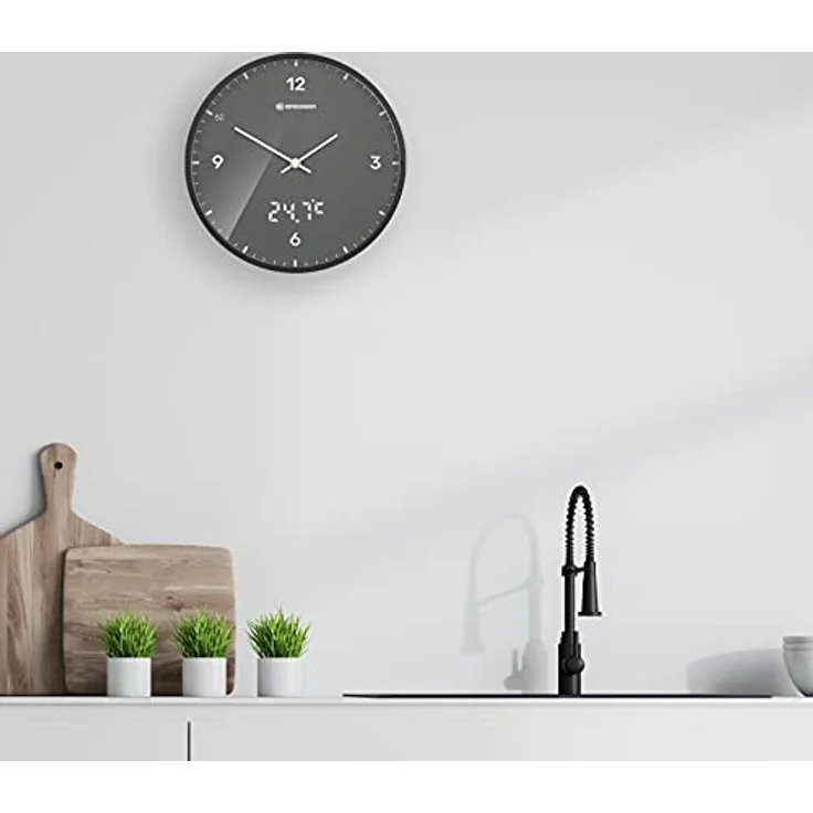 Bresser MyTime Wanduhr mit Funk ohne Tickgeräusche mit 24 cm großem Ziffernblatt, LED  Sekundenanzeige, Innentemperatur und geräuschlosem Funkuhrwerk, grau – Bild 4
