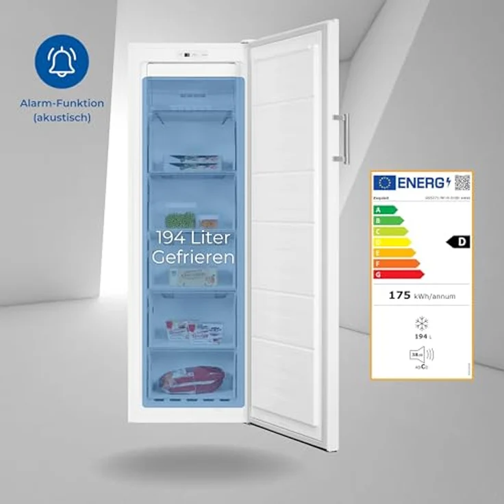 Exquisit Gefrierschrank GS5271-NF-H-010D weiss | No Frost | Nutzinhalt: 194 L | Temperaturregelung | Alarm – Bild 2