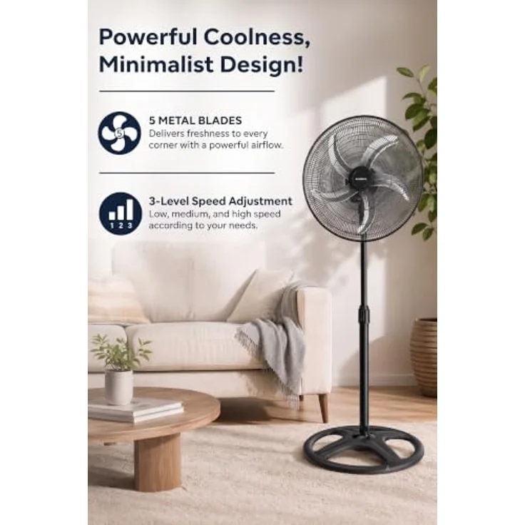 KUMTEL Standventilator KTF-340, 50 cm Durchmesser, 60 W, 70° horizontale Oszillation, höhenverstellbar, schwarz – Bild 7