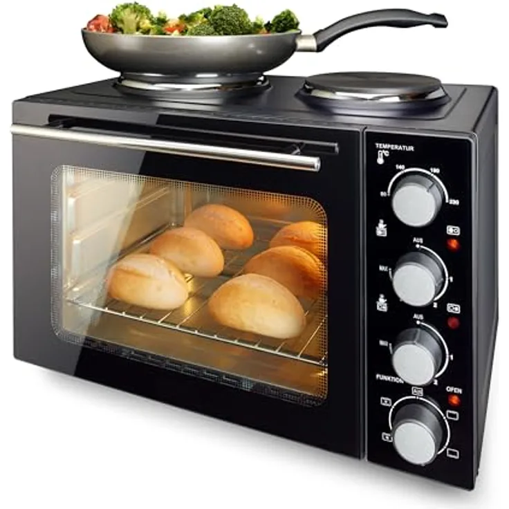 Emerio Multi Backofen MO-125236.4, Camping Küche mit 2 Kochplatten, Pizzaofen, schwarz