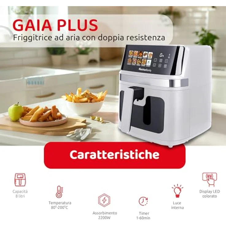 Melchioni Heißluftfritteuse Gaia Plus, 8 Liter, 2200 W, Doppelheizung für gleichmäßige Hitzeverteilung, LED-Steuerung mit 10 Programmen – Bild 2