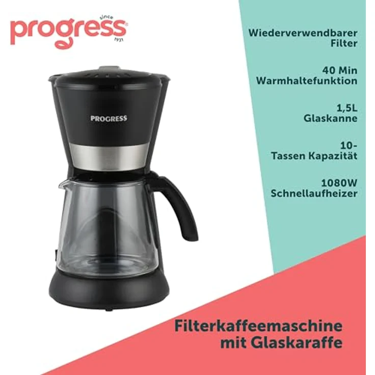 Progress EK6160PVDE Filterkaffeemaschine, 10 Tassen, Schwarz mit Warmhaltefunktion und wiederverwendbarem Filter – Bild 2