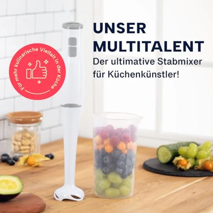 GOURMETmaxx Stabmixer & Smoothie Maker - mit stabilen Edelstahlklingen | Elektrischer Blender mit 700 ml Mixbehälter & abnehmbaren Mixaufsatz | Kompaktes Design mit rutschfesten Handgriffen [400 W] – Bild 2