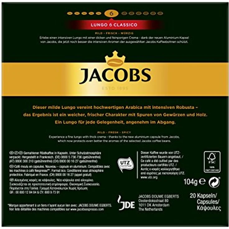 Jacobs Lungo 6 Classico, Kaffeekapseln, Nespresso Kompatibel, Kaffee, 20 Kapseln, á 5.2 g – Bild 4