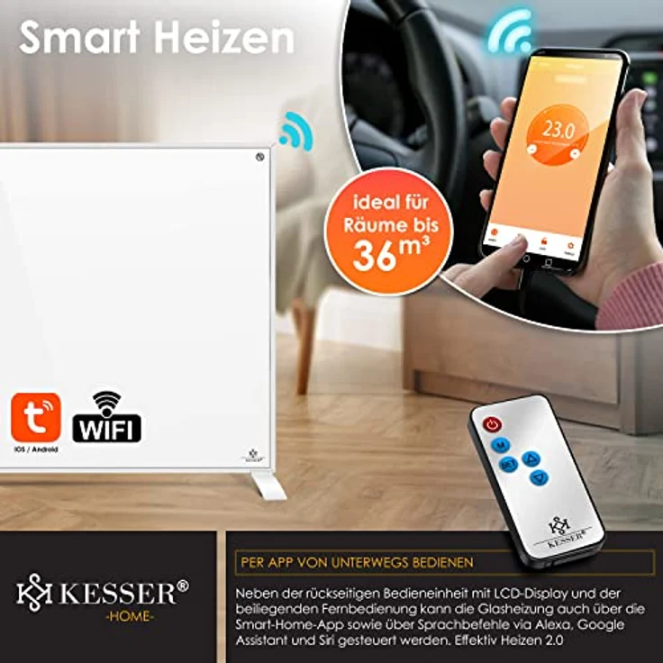 KESSER Infrarotheizung Energiesparend Infrarot 2in1 Standgerät & Wandmontage Elektroheizung mit Fernbedienung Thermostat & App-Steuerung Timer Elektrisch Heizpaneel Heizung Konvektor Standfüße Weiß, 550W, Heizstrahler – Bild 5