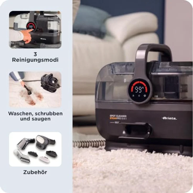 Ariete 2484 Spot Cleaner Steam Pro 5in1, Teppichreiniger und Dampfreiniger mit 1800 W, 3 Reinigungsmodi, hohe Saugleistung zur Fleckenentfernung für Sofas, Teppichböden und Autoinnenräume – Bild 4