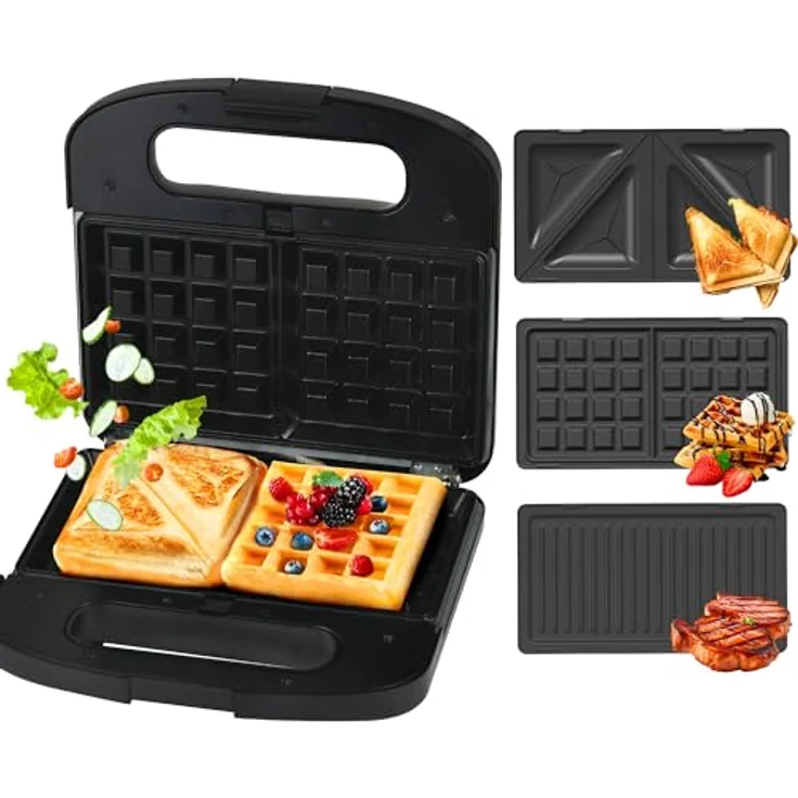 EXTRALINK Sandwichmaker 3 in 1 Toaster, Grill und Waffeleisen mit austauschbaren Platten, 1000W Kontaktgrill, Antihaftbeschichtung, einfacher Reinigung, Schwarz – Bild 1