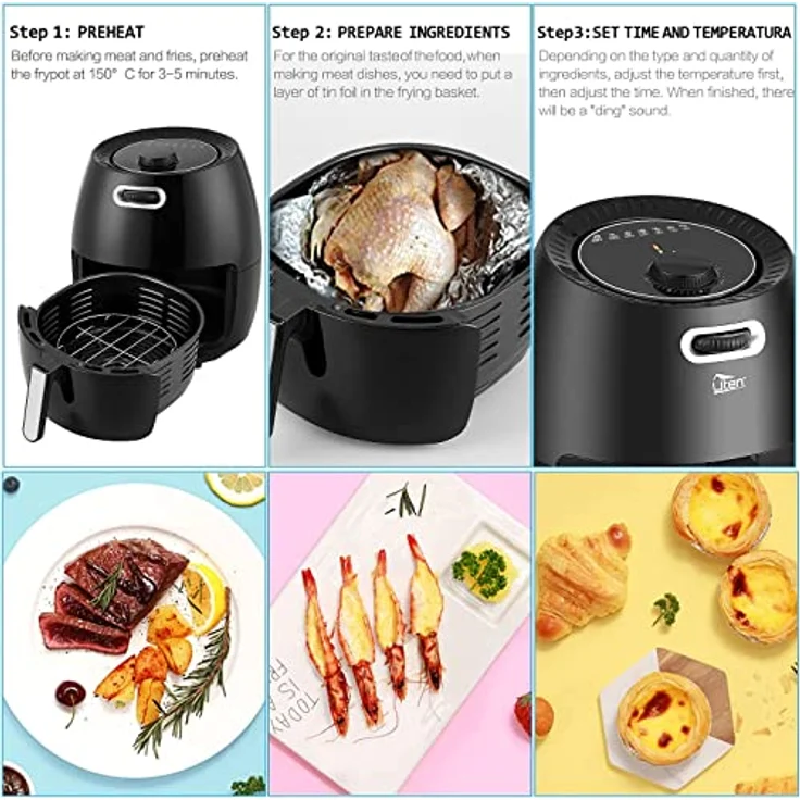 Uten Heißluftfritteuse, 6.5L Airfryer XXL Heissluftfriteuse ohne Fett Friteuse Mit Ständer, No stick Korb, Einstellbare Temperatur und Timer,Vorheizen, PDF-Rezepte,1800W, Black – Bild 4