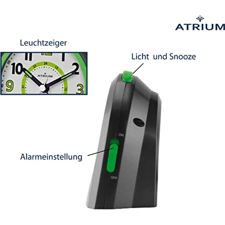Atrium Kinder Wecker Analog Quarz mit Snooze und Licht, Schwarz Grün, A921-7 – Bild 2