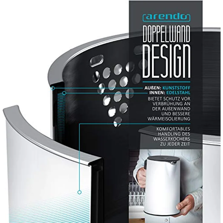 Arendo Edelstahl Wasserkocher mit Temperatureinstellung 40-100 Grad in 5er Schritten - Doppelwand Design - Modell ELEGANT - 1,5 Liter - 2200 W - Teekocher mit Temperaturanzeige - GS - weiß matt – Bild 4