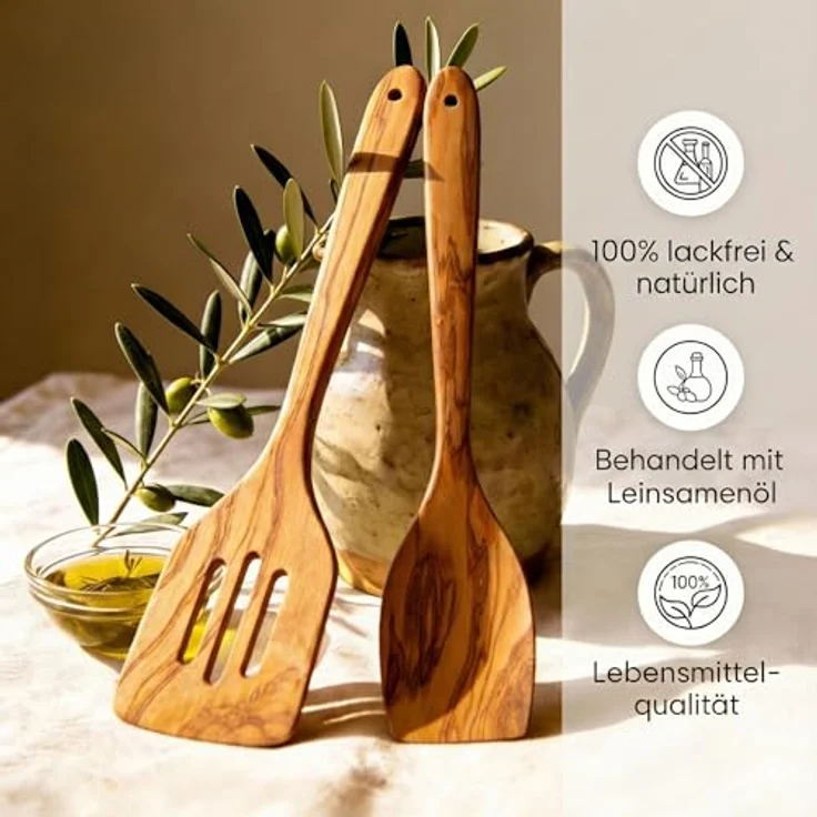 GOLDENBERG® Premium Pfannenwender Set aus italienischem Olivenholz, robust, langlebig & antibakteriell, Made in Europe – Bild 2