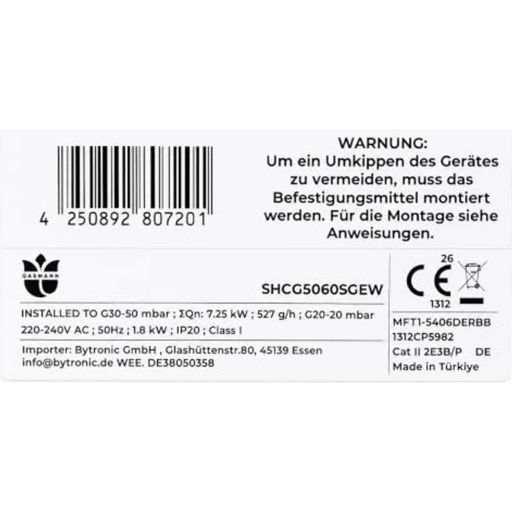 GASMANN Gas-Elektrostandherd 50x60cm, 4-Flammen Gas-Kochfeld mit Elektrobackofen, Umluft, Weiß, Teleskopauszug, Flammensicherung – Bild 4