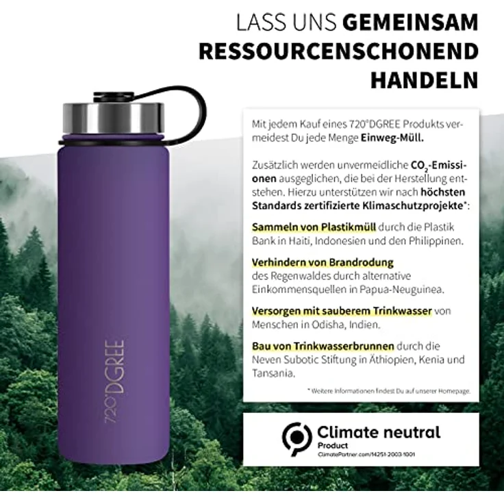 Trinkflasche Doppelwandig Edelstahl 950ml Isolierflasche m. Gratis Sportdeckel 720 DGREE noLimit ultra violet – Bild 5