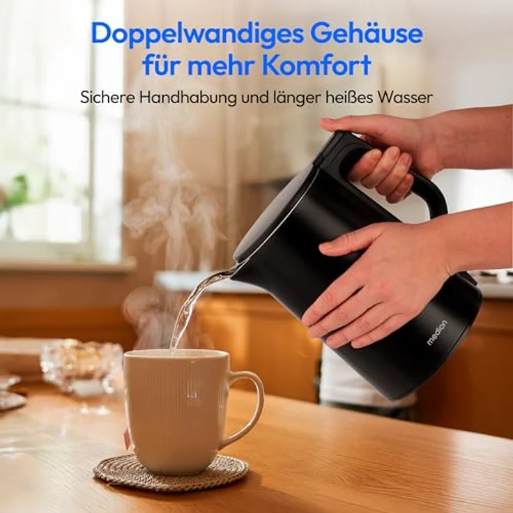 MEDION Wasserkocher MD12105, Edelstahl 1,5 Liter, 2.200 Watt, 360° Basis, Warmhaltefunktion, LED Betriebsanzeige, schwarz – Bild 3