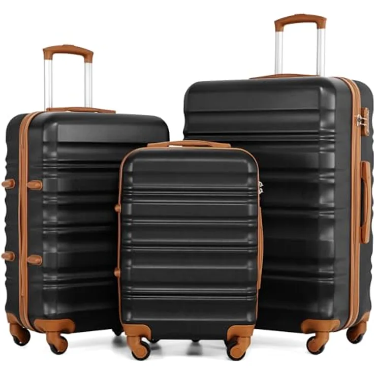 COOLIFE Hartschalen-Koffer Trolley Reisekoffer mit TSA-Schloss, 4 Rollen, 3 Größen (Schwarz/Braun, Koffer-Set)