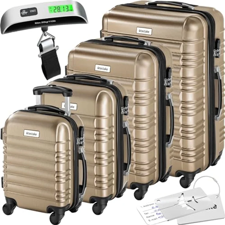 tectake® 4tlg. Hartschalenkoffer Set, Reisekoffer Set mit Rollen, Hartschale aus ABS, Koffer Set mit Teleskopgriff und Schloss, ink. Kofferwaage und Kofferanhänge, Trolley Größen S-M-L-XL - champagner – Bild 1