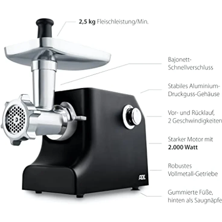 ADE KA1801 KA 1801 Fleischwolf (elektrisch, Aluminium Gehäuse, Metallgetriebe, GS-zertifiziert) schwarz, Inoxidable – Bild 2