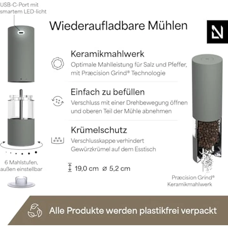 LARS NYSØM Salz- und Pfeffermühle Elektrisch 2er Set, Edelstahl mit einstellbarem Keramik-Mahlwerk, USB-C wiederaufladbar, Ash Gray – Bild 4