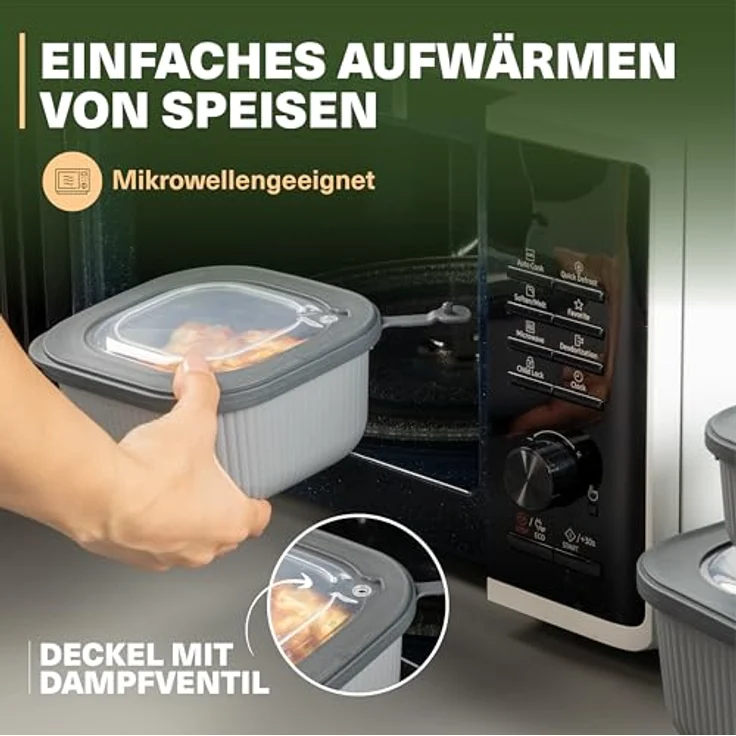 VIWARES Frischhaltedosen 3er Set mit transparentem Ventildeckel, stapelbare Aufbewahrungsbehälter, BPA-frei, mikrowellen- und kühlschrankgeeignet, 3 Größen (600ml/1100ml/1800ml) – Bild 3
